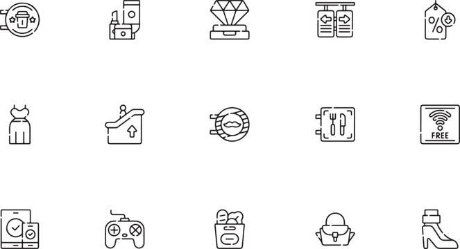 Outline vector icon set featuring shopping mall elements like escalators jewelry store diamonds food court restaurant signs and clothing retail racks
