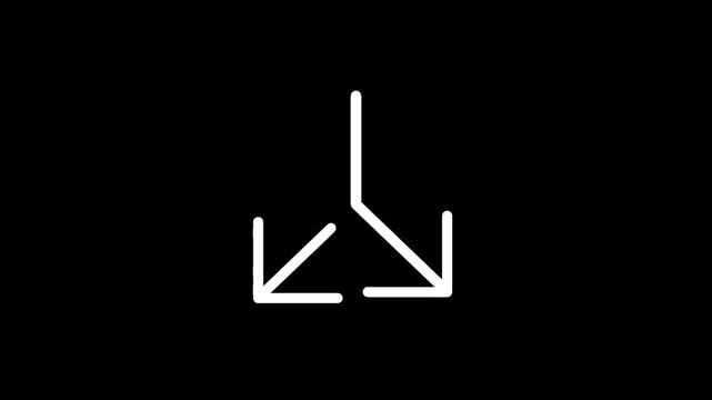 Abstract white arrows pointing downwards and splitting into two directions on black background
