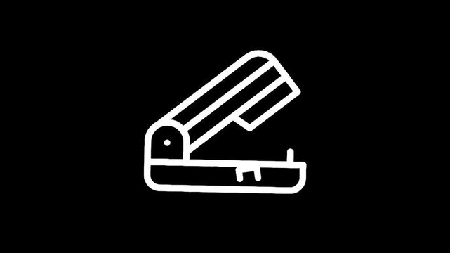 Simple white line art icon of an open stapler on a black background