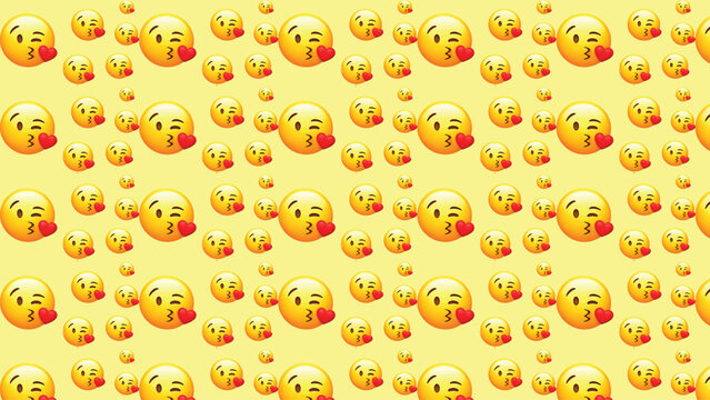 Abstract light yellow background with repeating face blowing kiss emoji pattern vector illustration