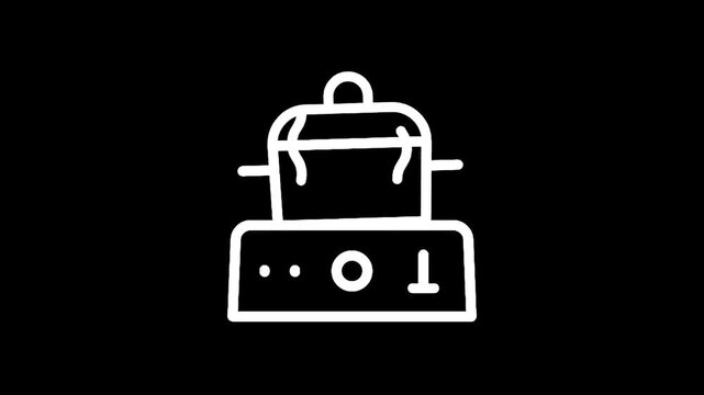 Simple line icon of a deep fryer with a basket and lid on a black background
