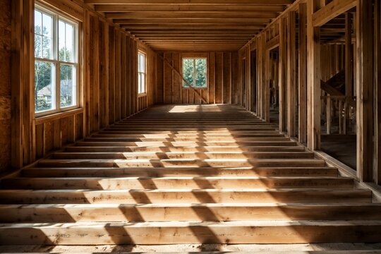 Inside a house under construction, wooden floor joists casting rhythmic shadows.