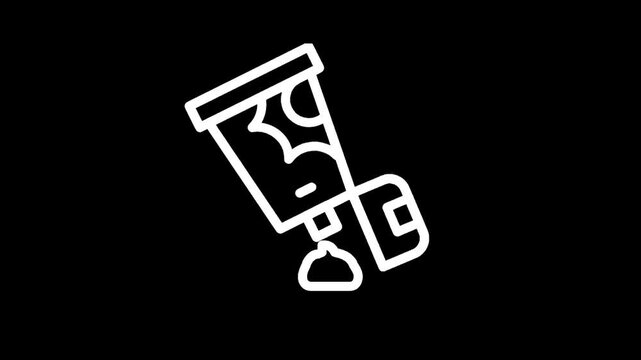 White line art icon of a tube squeezing out cream on a black background