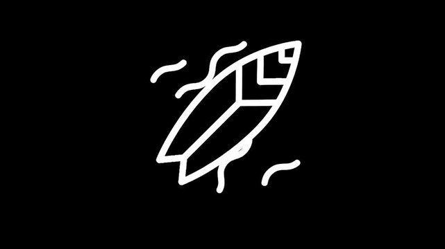 Simple white line art surfboard icon floating on wavy water against black background