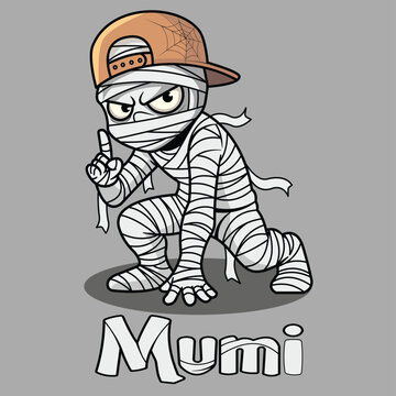 Cute cartoon mummy mascot character wearing a backward baseball cap in a cool crouching pose. Halloween-themed spooky monster illustration with funny expression, isolated on white background. Perfect 