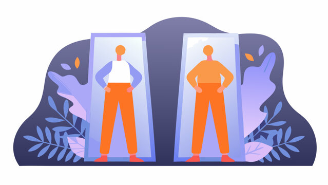 Vector illustration, modern people, standing in mirrors, purple background, minimalistic design, flat style