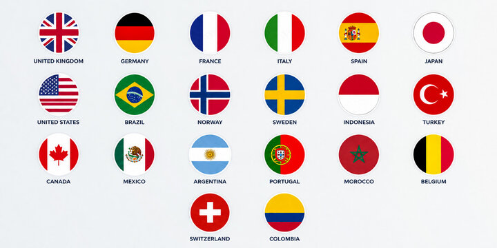 Collection of round world country flag icons with labels.