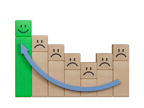 Green leader of business team.Wood cube with smile, normal and sad face. Facial expressions. Mental health assessment.Supports PNG files with transparent backgrounds.