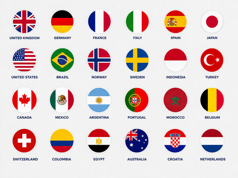Collection of round world country flag icons with labels.