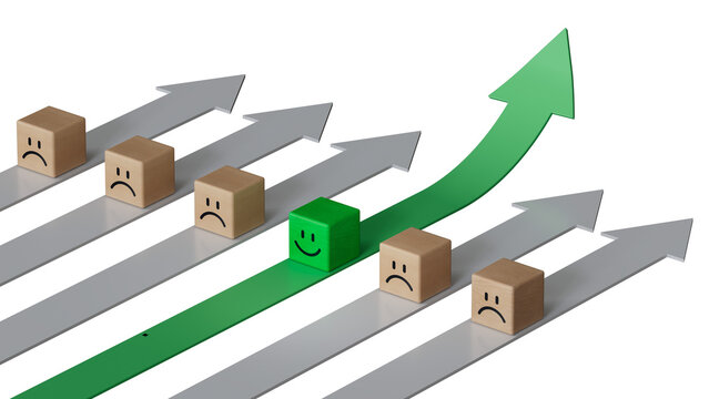 GREEN leader in business way.Wood cube with smile, normal and sad face. Facial expressions. Mental health assessment.Supports PNG files with transparent backgrounds.