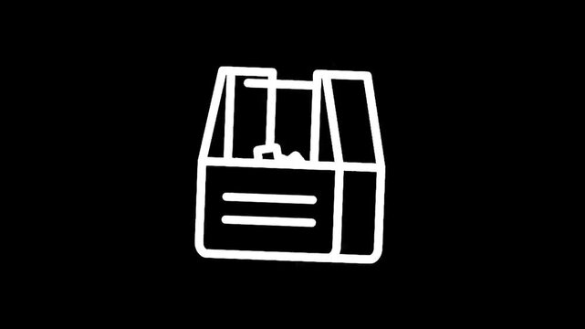 Simple line art icon of an open cardboard box with items inside on a black background