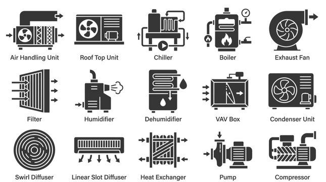 HVAC system components, air conditioning units, heating ventilation icons, industrial equipment symbols