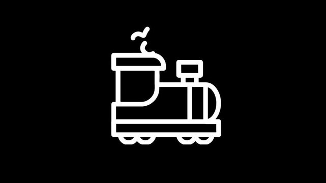 Simple white line art icon of a steam locomotive emitting smoke on a black background