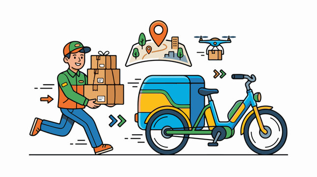 Fast delivery service with a runner bike drone and map
