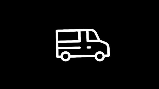 Simple white line art icon of a van on a black background