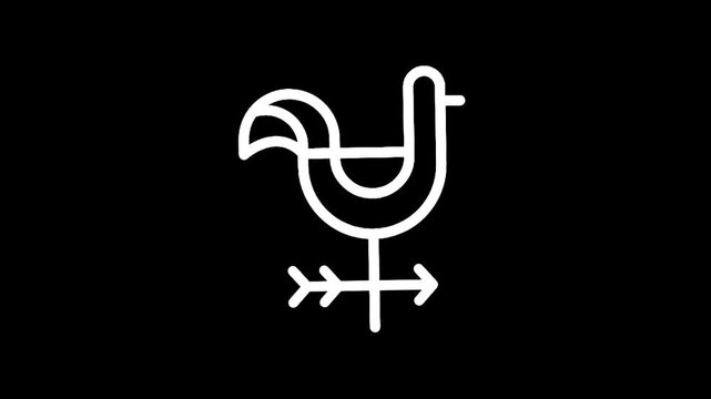 Minimalist white chicken weather vane icon on a black background, simple line art