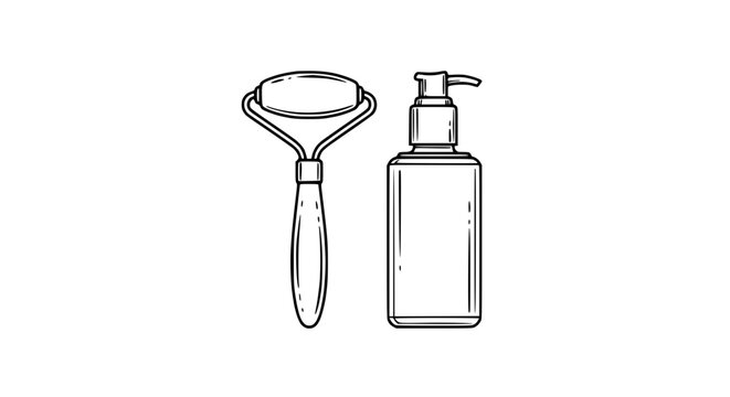 Minimalist line art of a facial roller and pump bottle for skincare routine.