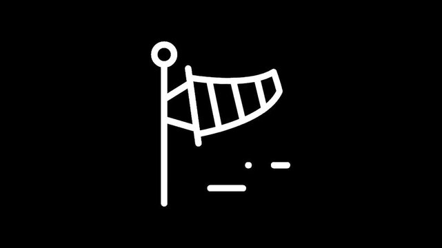 Simple line art icon of a windsock indicating wind direction and speed on a black background