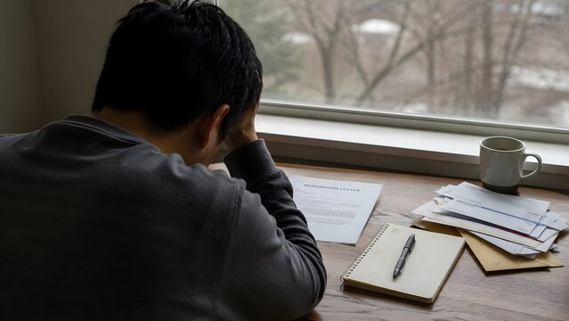 Stressed guy facing financial uncertainty with bills and termination notice