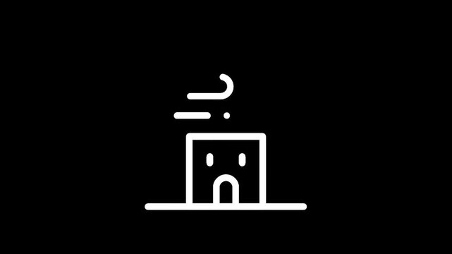 Simple line art icon of a building with wind blowing past it