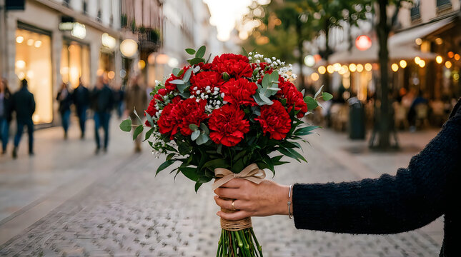 Person holding a beautiful red flower bouquet on city street