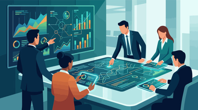 Flat faceless illustration of a diverse business team analyzing complex data visualizations on interactive touch screens and digital wall dashboards in a modern office setting.