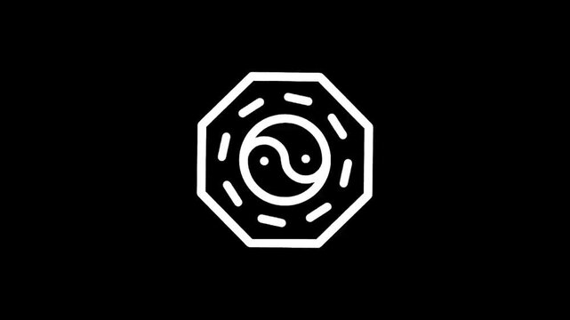 White outline of Bagua symbol with Yin Yang in center on black background