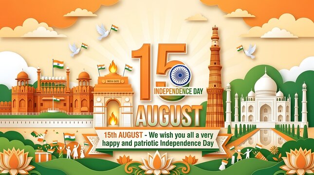 Indian independence day illustration with historical monuments and patriotic elements