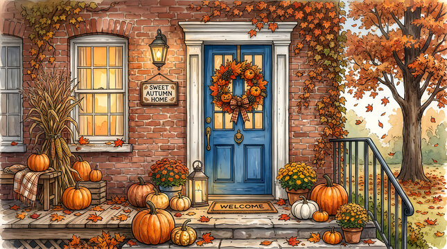 Autumn house entrance with blue door and pumpkins