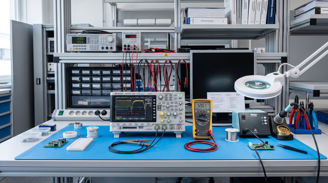 Electronics lab workspace with testing equipment and circuit board