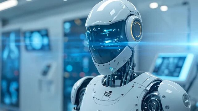 A futuristic humanoid robot stands inside a high tech laboratory