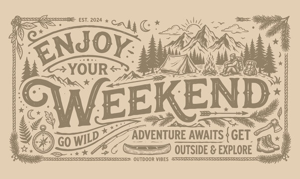 Enjoy your weekend typography hand drawn doodle elements background