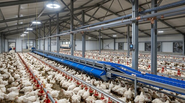 Large industrial poultry farm with rows of chickens feeding from automated feeding system in a spacious warehouse