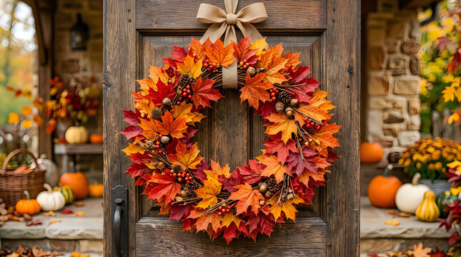 Autumn leaves wreath on a dark wooden front door