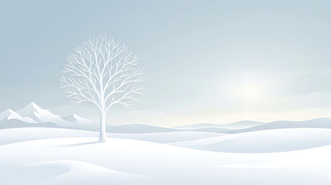 Bare tree in a snowy winter landscape with mountains