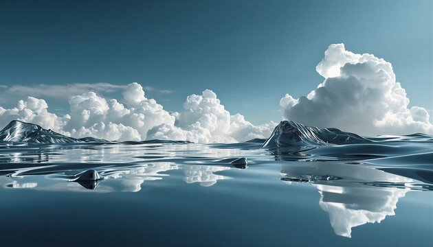 Reflective clouds of liquid metal and molten chrome with fluid dynamics. Distorted horizon reflections on perfectly smooth surfaces. Sleek modern aesthetic, high contrast