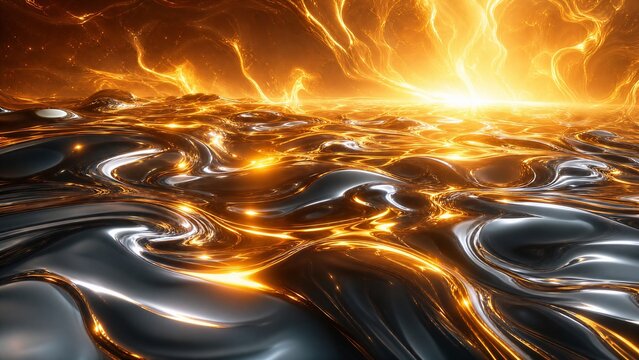 Optimistic tech background where liquid molten chrome meets glowing amber plasma. Warm light patterns and smooth fluid movement. Visualization of future energy and cloud computing