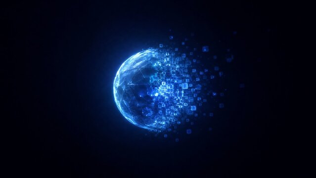 Minimalist quantum qubit or blockchain node floating in a dark void, partially dissolving into cubes. Soft monochromatic blue lighting with copy space