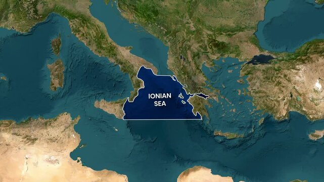 Ionian Sea highlighted on satellite map motion footage