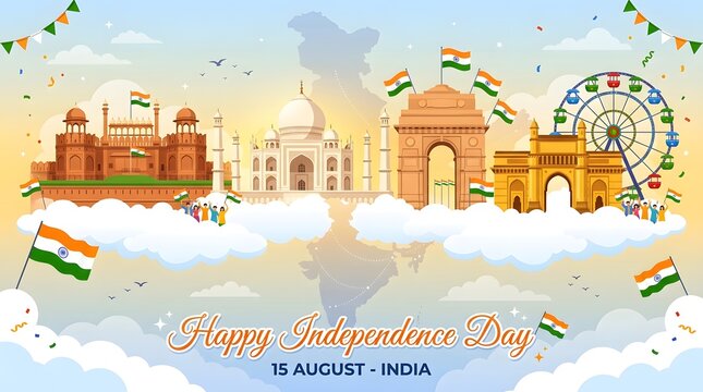 Indian independence day illustration with landmarks and national flag