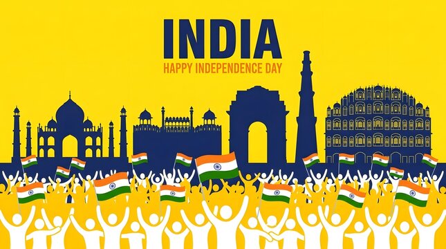 India independence day celebration with landmarks and crowd silhouette
