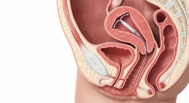 Medical illustration of an intrauterine device IUD placed inside a female uterus