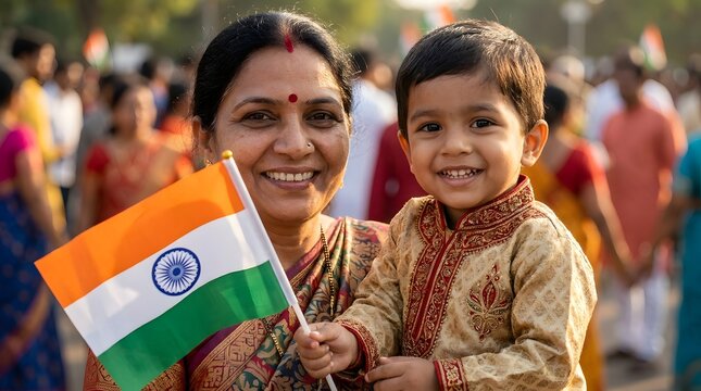 Indian woman and child with national flag during celebration