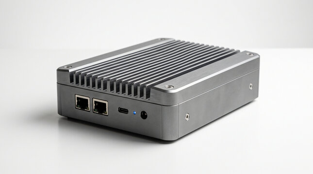 Gray mini pc with ventilation and ethernet ports