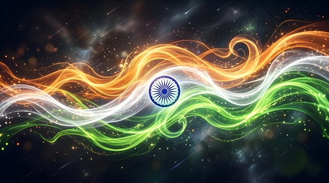 Indian flag waving with energetic light trails and cosmic background