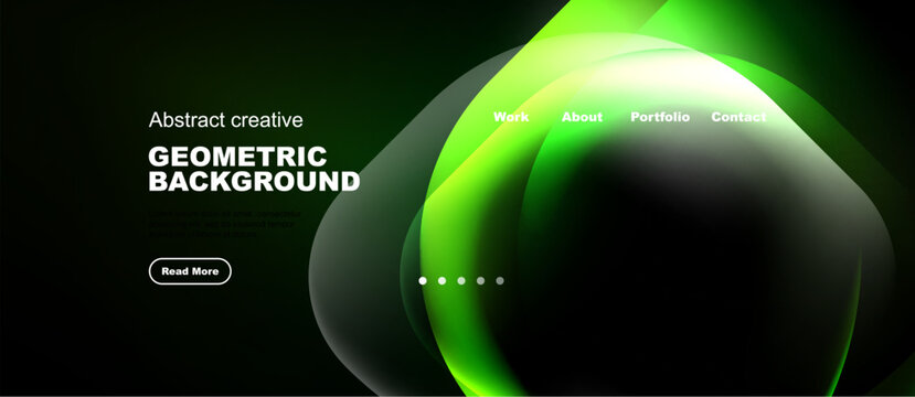 Dark background features vibrant green abstract shapes. Website navigation includes work, about, portfolio, contact options. Read more button visible.