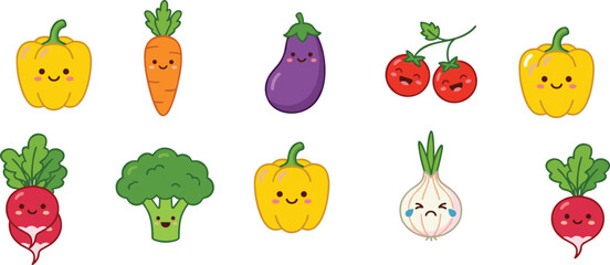Fototapeta premium Cute kawaii vegetable characters collection featuring bell peppers carrot eggplant cherries broccoli onion and radish cartoon vector illustration
