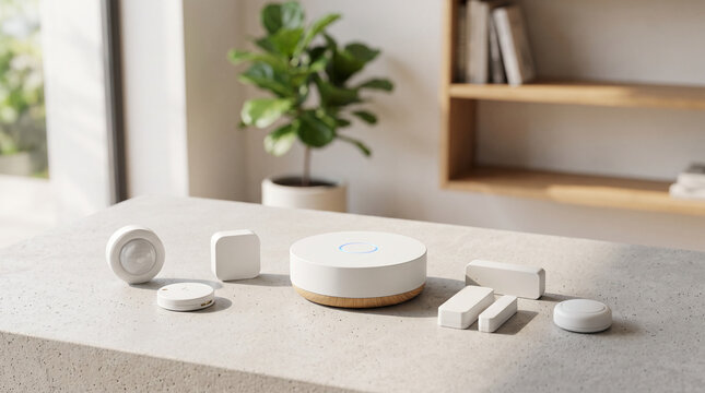 Smart home devices on a modern kitchen counter