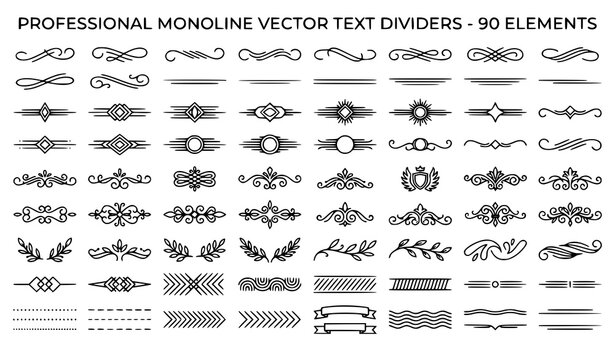Decorative Line Text Divider Icon Pack Vector with Elegant Horizontal Separators Vintage Flourishes and Editorial Borders