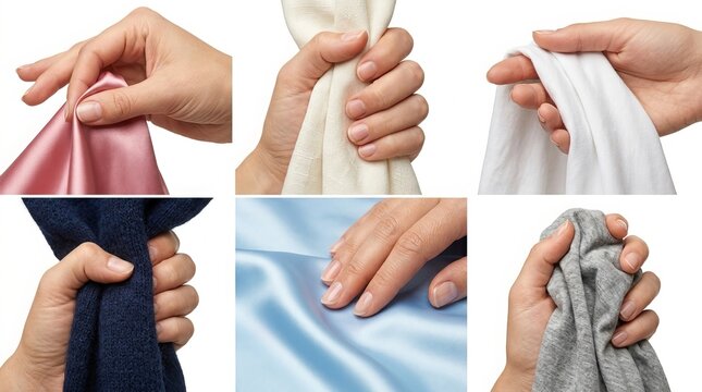 Hands Touching Diverse Fabric Textures Collage Isolated on White Background